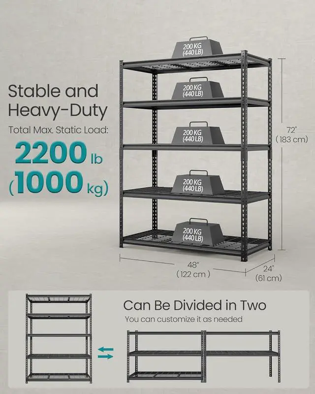 Alt view image 3 of 6 - 5-Tier Storage Shelves, Heavy-Duty Garage Shelving, Adjustable Shelving Unit, Steel Shelf, Boltless Assembly, for Garage, Shed, 2,200 lb Load, 24 x 48 x 72 Inches, Ink Black UGLR454B01