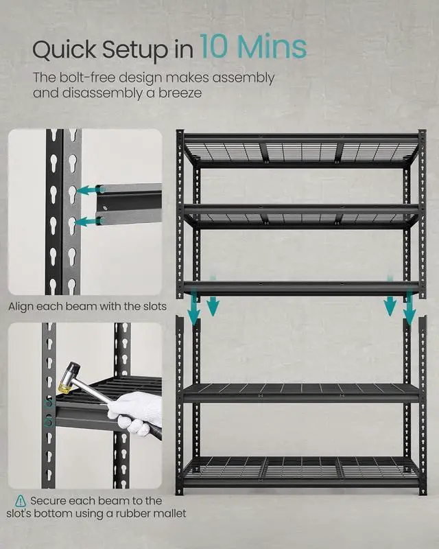 Alt view image 5 of 6 - 5-Tier Storage Shelves, Heavy-Duty Garage Shelving, Adjustable Shelving Unit, Steel Shelf, Boltless Assembly, for Garage, Shed, 2,200 lb Load, 24 x 48 x 72 Inches, Ink Black UGLR454B01
