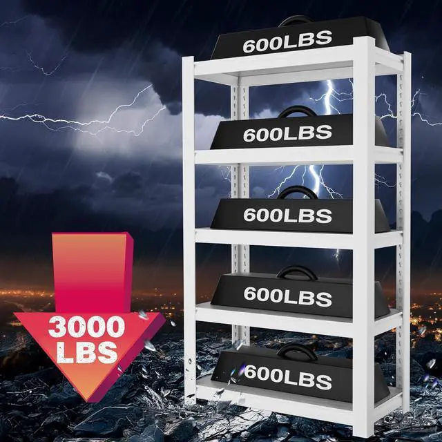 Alt view image 3 of 7 - House 5-Tier Shelving Unit, 3000lbs Adjustable Storage Shelves, Boltless Book Shelf, Shelf Organizer for Kitchen, Living Room, Bathroom, Wood Grain Pattern, Waterproof Board, 24-1/10"W, White