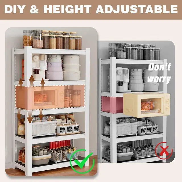 Alt view image 5 of 7 - House 5-Tier Shelving Unit, 3000lbs Adjustable Storage Shelves, Boltless Book Shelf, Shelf Organizer for Kitchen, Living Room, Bathroom, Wood Grain Pattern, Waterproof Board, 24-1/10"W, White