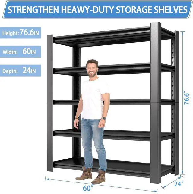 Alt view image 2 of 7 - 5-Tier Garage Shelving Heavy Duty, 3000 LBS Capacity Metal Storage Rack 24" D x 60" W x 76" H, Adjustable Steel Shelves Unit for Garage, Warehouse, Basement, Pantry, Workshop.1 Pack