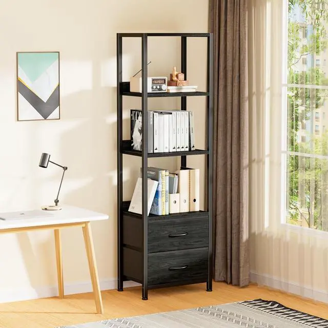 Alt view image 2 of 7 - 4-Tier Corner Shelf, Bookshelf with 2 Storage Drawers, 57.28Tall Narrow Bookcase, Standing Shelf Organizer Unit for Living Room, Bedroom, Metal Frame, Wood Display Shelf