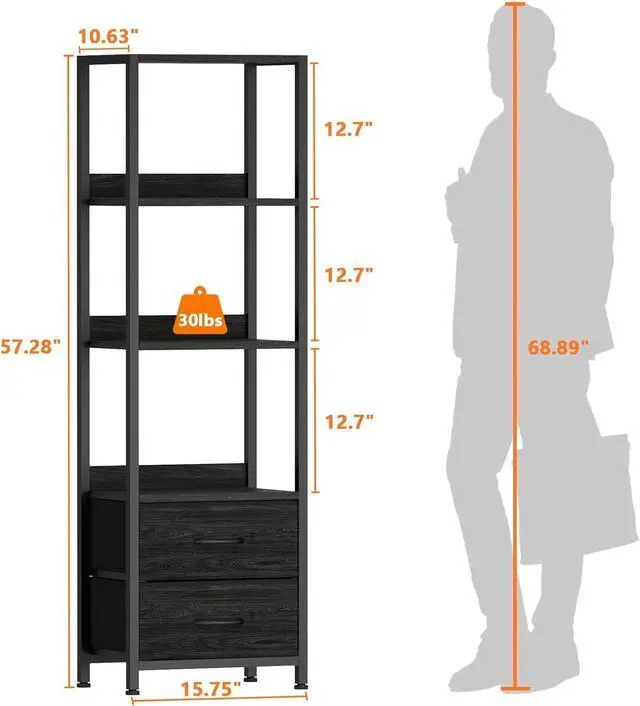 Alt view image 3 of 7 - 4-Tier Corner Shelf, Bookshelf with 2 Storage Drawers, 57.28Tall Narrow Bookcase, Standing Shelf Organizer Unit for Living Room, Bedroom, Metal Frame, Wood Display Shelf