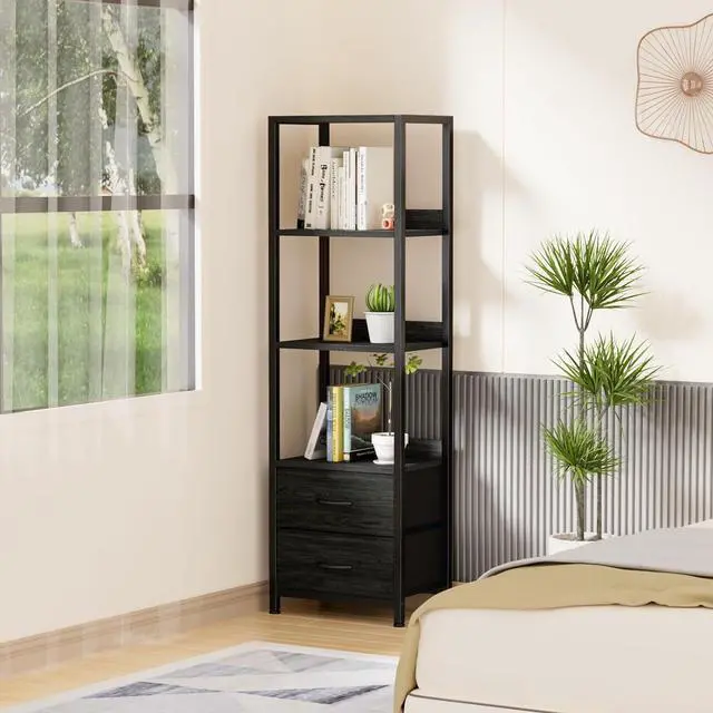 Alt view image 4 of 7 - 4-Tier Corner Shelf, Bookshelf with 2 Storage Drawers, 57.28Tall Narrow Bookcase, Standing Shelf Organizer Unit for Living Room, Bedroom, Metal Frame, Wood Display Shelf