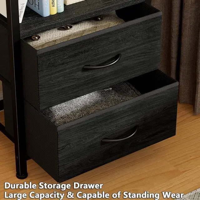 Alt view image 5 of 7 - 4-Tier Corner Shelf, Bookshelf with 2 Storage Drawers, 57.28Tall Narrow Bookcase, Standing Shelf Organizer Unit for Living Room, Bedroom, Metal Frame, Wood Display Shelf