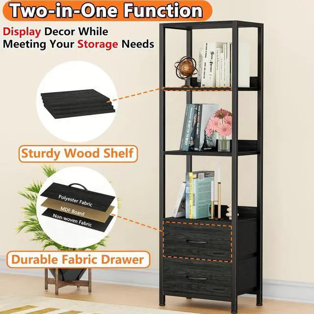 Alt view image 6 of 7 - 4-Tier Corner Shelf, Bookshelf with 2 Storage Drawers, 57.28Tall Narrow Bookcase, Standing Shelf Organizer Unit for Living Room, Bedroom, Metal Frame, Wood Display Shelf
