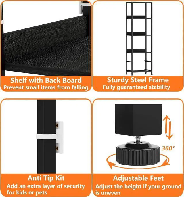 Alt view image 7 of 7 - 4-Tier Corner Shelf, Bookshelf with 2 Storage Drawers, 57.28Tall Narrow Bookcase, Standing Shelf Organizer Unit for Living Room, Bedroom, Metal Frame, Wood Display Shelf