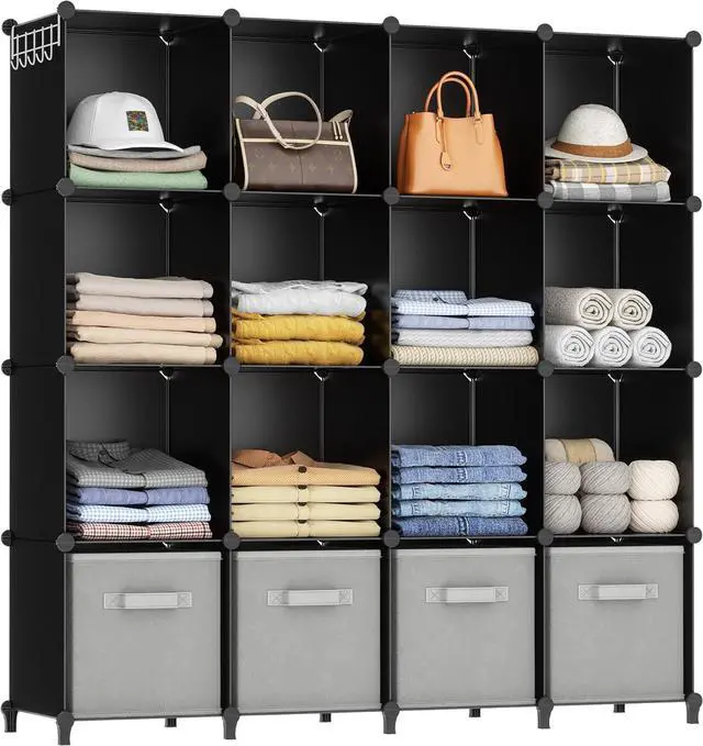 Main image of Closet Organizers and Storage, 16 Cube Storage Organizer, Closet Organizer Bookshelf Cubes Shelves for Clothes, Bedroom, Kids Room, Bathroom, Wardrobe, Garment Racks, Black