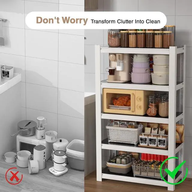 Alt view image 7 of 7 - House 5-Tier Shelving Unit, 3000lbs Adjustable Storage Shelves, Boltless Book Shelf, Shelf Organizer for Kitchen, Living Room, Bathroom, Wood Grain Pattern, Waterproof Board, 24-1/10"W, White