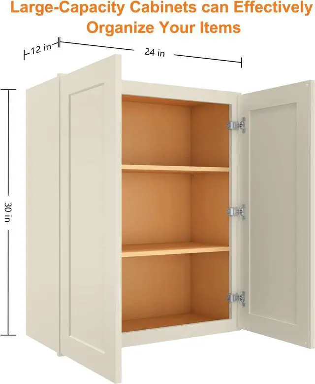 Alt view image 3 of 7 - Wood Wall-Mounted Cabinet,Bathroom Medicine Cabinet with Adjustable Shelves and 2 Soft-Close Doors,Laundry Storage Cabinet for Bathroom,Kitchen,Living Room 12"D*24"W*30"H,Shaker Antique White