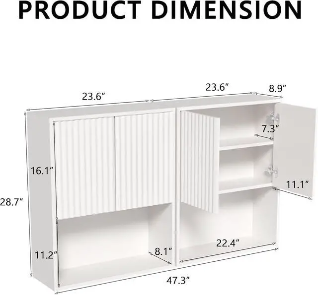 Alt view image 2 of 7 - Fluted Bathroom Wall Cabinet Over The Toilet Storage,Wall Mounted Cabinet with Adjustable Shelf,Floating and Hanging Organizer,Kitchen and Laundry Room Storage (White-2 Pcs)