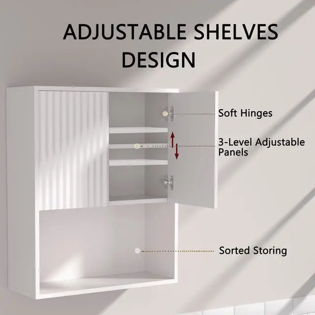 Alt view image 4 of 7 - Fluted Bathroom Wall Cabinet Over The Toilet Storage,Wall Mounted Cabinet with Adjustable Shelf,Floating and Hanging Organizer,Kitchen and Laundry Room Storage (White-2 Pcs)