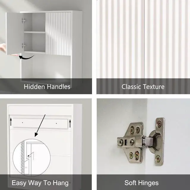 Alt view image 3 of 7 - Fluted Bathroom Wall Cabinet Over The Toilet Storage,Wall Mounted Cabinet with Adjustable Shelf,Floating and Hanging Organizer,Kitchen and Laundry Room Storage (White-2 Pcs)