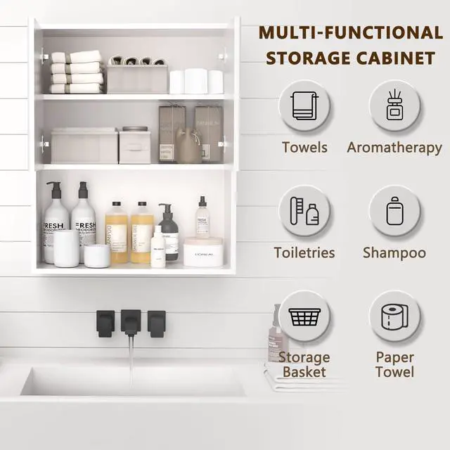 Alt view image 5 of 7 - Fluted Bathroom Wall Cabinet Over The Toilet Storage,Wall Mounted Cabinet with Adjustable Shelf,Floating and Hanging Organizer,Kitchen and Laundry Room Storage (White-2 Pcs)