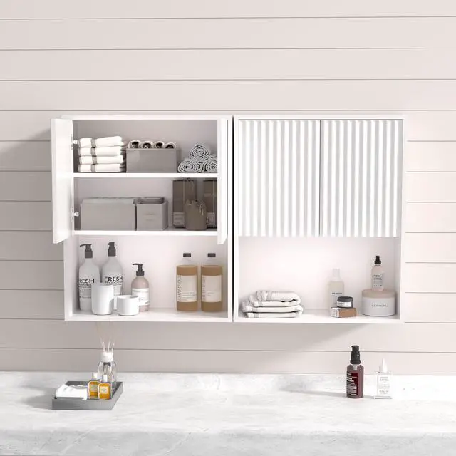 Alt view image 6 of 7 - Fluted Bathroom Wall Cabinet Over The Toilet Storage,Wall Mounted Cabinet with Adjustable Shelf,Floating and Hanging Organizer,Kitchen and Laundry Room Storage (White-2 Pcs)
