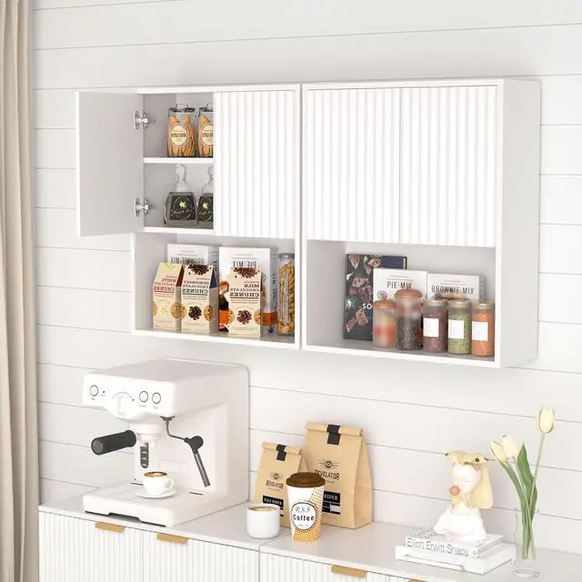Alt view image 7 of 7 - Fluted Bathroom Wall Cabinet Over The Toilet Storage,Wall Mounted Cabinet with Adjustable Shelf,Floating and Hanging Organizer,Kitchen and Laundry Room Storage (White-2 Pcs)