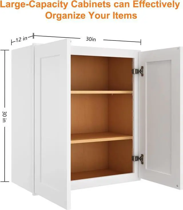 Alt view image 3 of 7 - Wood Wall-Mounted Cabinet,Bathroom Medicine Cabinet with Adjustable Shelves and 2 Soft-Close Doors,Laundry Storage Cabinet for Bathroom,Kitchen,Living Room 12" D*30" W*30" H,Shaker White