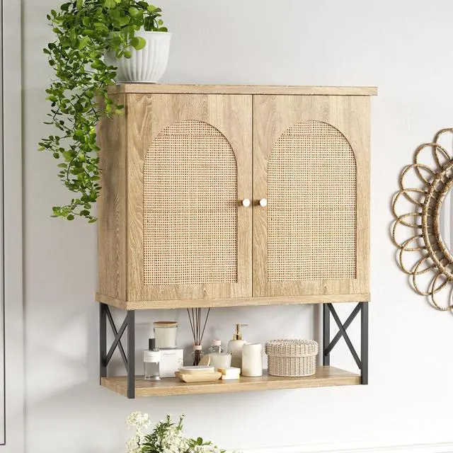 Main image of Rattan Bathroom Wall Cabinet, Boho Medicine Wall Cabinet with Double Doors and Adjustable Shelves, Tall Kitchen Wall Mounted Storage Cabinet, Floating Space Saver Over Toilet, Natural