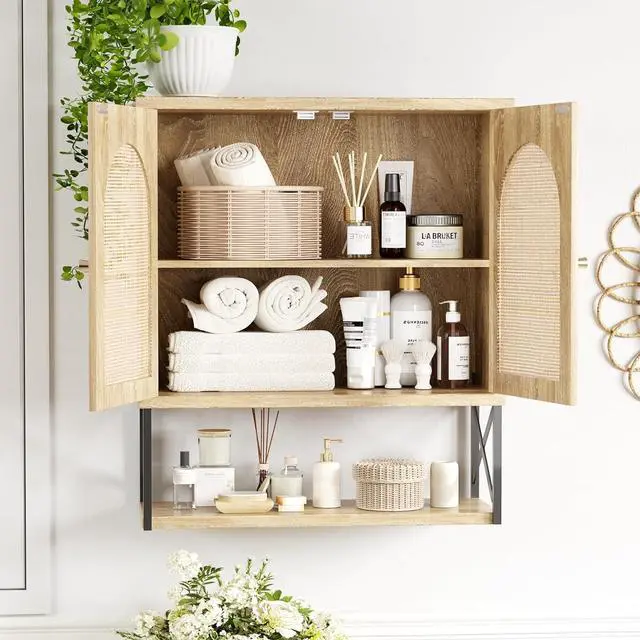 Alt view image 4 of 7 - Rattan Bathroom Wall Cabinet, Boho Medicine Wall Cabinet with Double Doors and Adjustable Shelves, Tall Kitchen Wall Mounted Storage Cabinet, Floating Space Saver Over Toilet, Natural