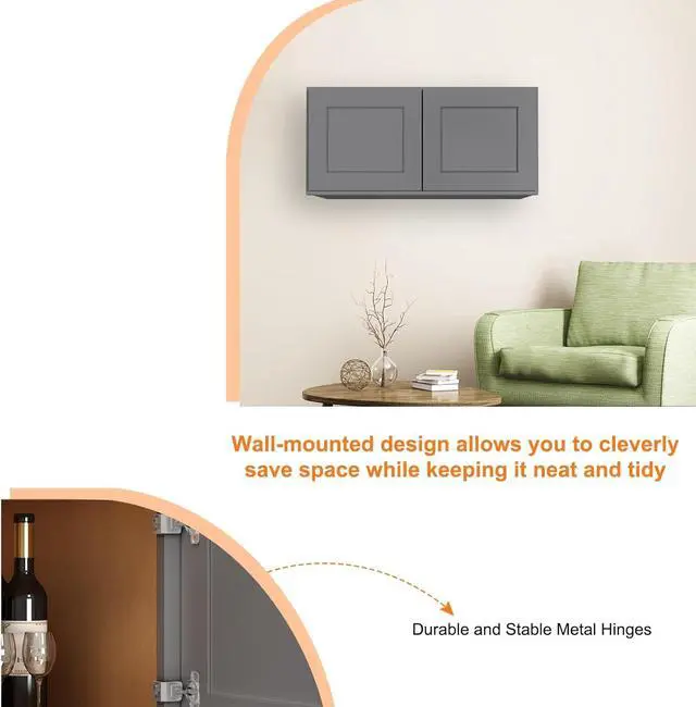 Alt view image 4 of 7 - Wood Wall-Mounted Cabinet,Bathroom Medicine Cabinet with 2 Soft-Close Doors,Laundry Storage Cabinet for Bathroom,Kitchen,Living Room 12" D*36" W*18" H,Shaker Grey