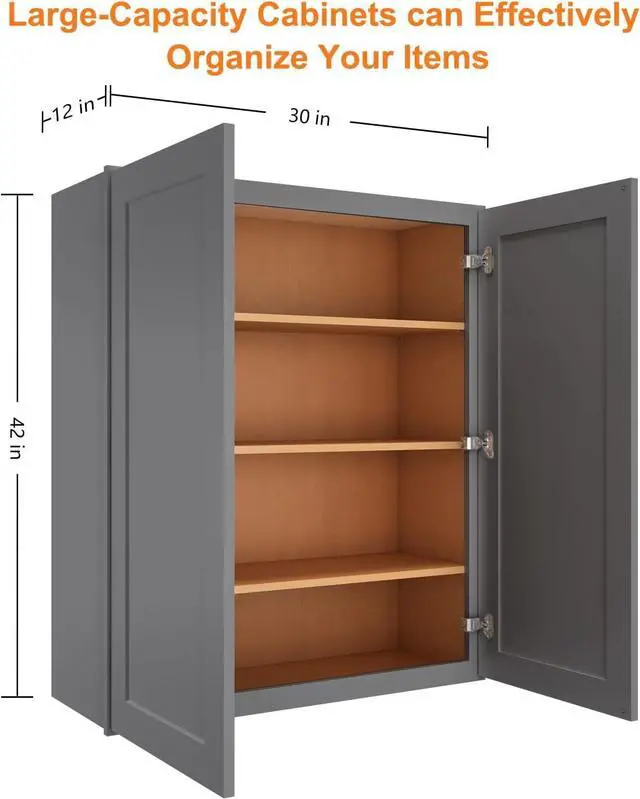 Alt view image 3 of 7 - Wood Wall-Mounted Cabinet,Bathroom Medicine Cabinet with Adjustable Shelves and 2 Soft-Close Doors,Laundry Storage Cabinet for Bathroom,Kitchen,Living Room 12" D*30" W*42" H,Shaker Grey