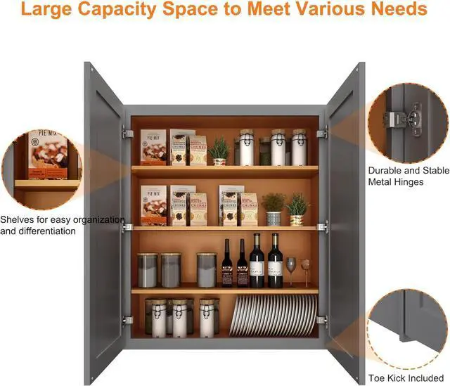 Alt view image 4 of 7 - Wood Wall-Mounted Cabinet,Bathroom Medicine Cabinet with Adjustable Shelves and 2 Soft-Close Doors,Laundry Storage Cabinet for Bathroom,Kitchen,Living Room 12" D*30" W*42" H,Shaker Grey