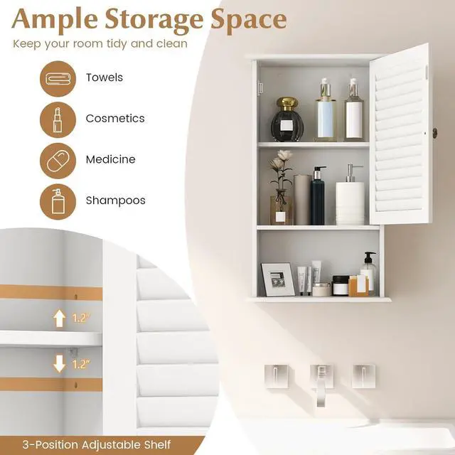 Alt view image 4 of 7 - Bathroom Wall Mount Cabinet - Over The Toilet Storage Organizer with Single Door and Adjustable Shelf, Above Toilet Medicine Cabinet for Living Room, Kitchen, Hallway, Hanging Cabinet (White)