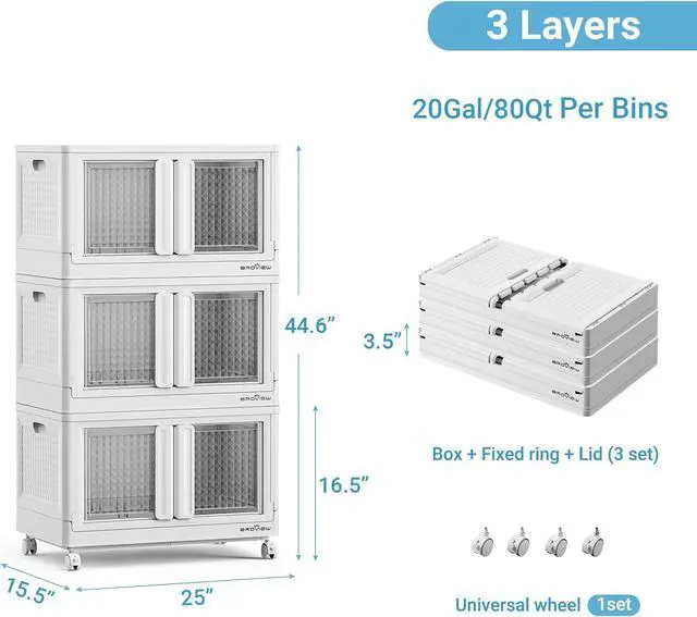 Alt view image 2 of 7 - 300Qt Stackable Storage Bins with Lids, 75Gal Closet Organizers and Storage Drawer, Plastic Collapsible Storage Bins with Doors, Heavy Duty Store Box Cabinet for Home Office, 3Pack White