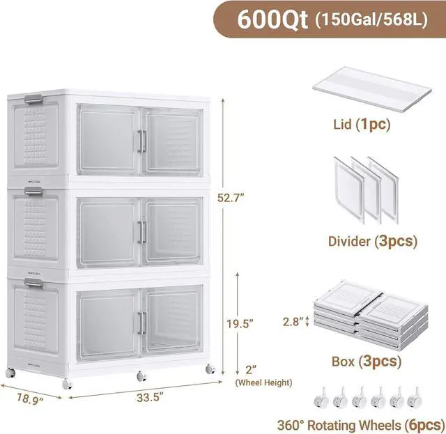 Alt view image 2 of 7 - 150Gal Extra Large Plastic Storage Bins with Lid & Wheels, Stackable Collapsible Bins with Dividers, Cube Closet Organizers and Storage Cabinet Shelves Box Roomy for Home Kitchen,3Pack White