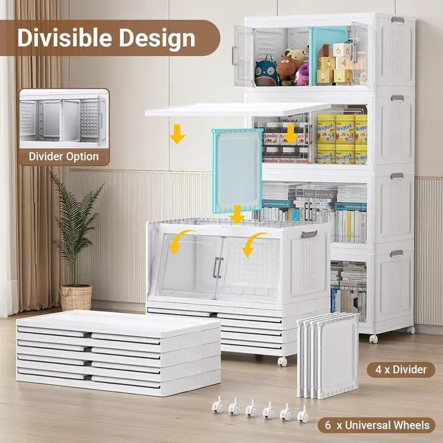 Alt view image 3 of 7 - 150Gal Extra Large Plastic Storage Bins with Lid & Wheels, Stackable Collapsible Bins with Dividers, Cube Closet Organizers and Storage Cabinet Shelves Box Roomy for Home Kitchen,3Pack White