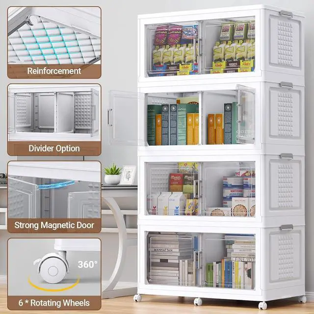 Alt view image 4 of 7 - 150Gal Extra Large Plastic Storage Bins with Lid & Wheels, Stackable Collapsible Bins with Dividers, Cube Closet Organizers and Storage Cabinet Shelves Box Roomy for Home Kitchen,3Pack White