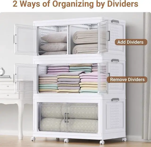 Alt view image 5 of 7 - 150Gal Extra Large Plastic Storage Bins with Lid & Wheels, Stackable Collapsible Bins with Dividers, Cube Closet Organizers and Storage Cabinet Shelves Box Roomy for Home Kitchen,3Pack White