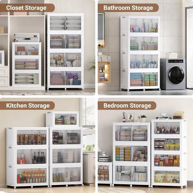 Alt view image 7 of 7 - 150Gal Extra Large Plastic Storage Bins with Lid & Wheels, Stackable Collapsible Bins with Dividers, Cube Closet Organizers and Storage Cabinet Shelves Box Roomy for Home Kitchen,3Pack White