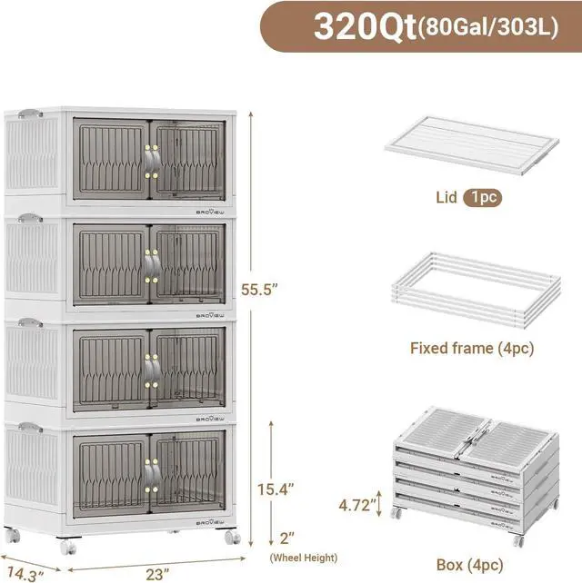 Alt view image 2 of 7 - 320Qt Stackable Storage Bins with Lid, Extra Large Closet Organizer Collapsible Drawer Boxes with Wheels, Folding Plastic Cabinet Containers for Home Kitchen Room Organization, 4Pack White