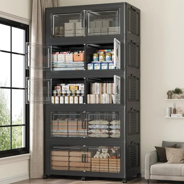 Main image of 200GAL Extra Large Storage Bins with Lid, 800Qt Stackable Closet Organizers and Drawers, Collapsible Storage Bins with Wheels, Folding Storages Cabinet for Home Bedroom Office, 5Pack Black