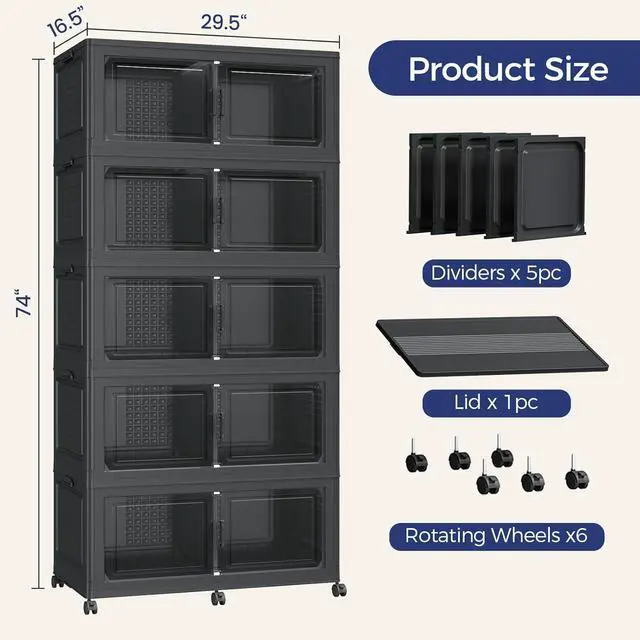 Alt view image 2 of 7 - 200GAL Extra Large Storage Bins with Lid, 800Qt Stackable Closet Organizers and Drawers, Collapsible Storage Bins with Wheels, Folding Storages Cabinet for Home Bedroom Office, 5Pack Black