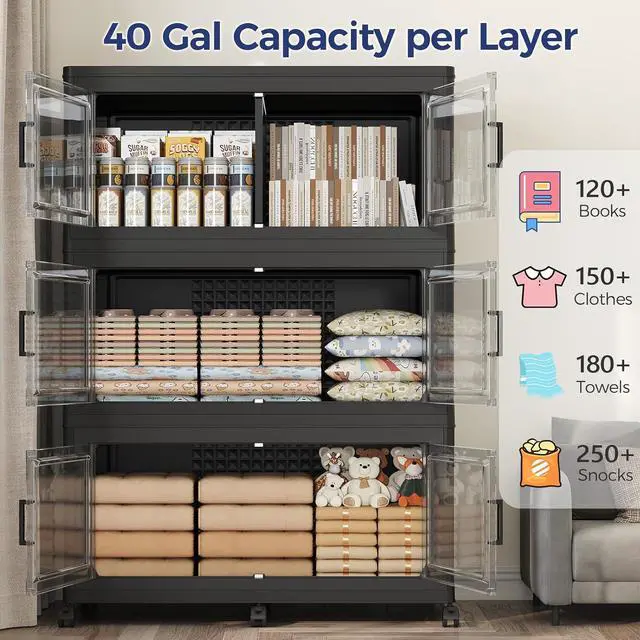 Alt view image 3 of 7 - 200GAL Extra Large Storage Bins with Lid, 800Qt Stackable Closet Organizers and Drawers, Collapsible Storage Bins with Wheels, Folding Storages Cabinet for Home Bedroom Office, 5Pack Black