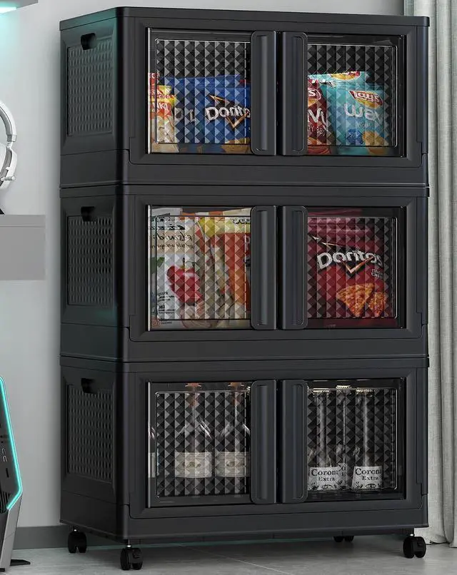 Main image of 300Qt Stackable Storage Bins with Lids, 75Gal Closet Organizers and Storage Drawer, Plastic Collapsible Storage Bins with Doors, Heavy Duty Store Box Cabinet for Home Office, 3Pack Black