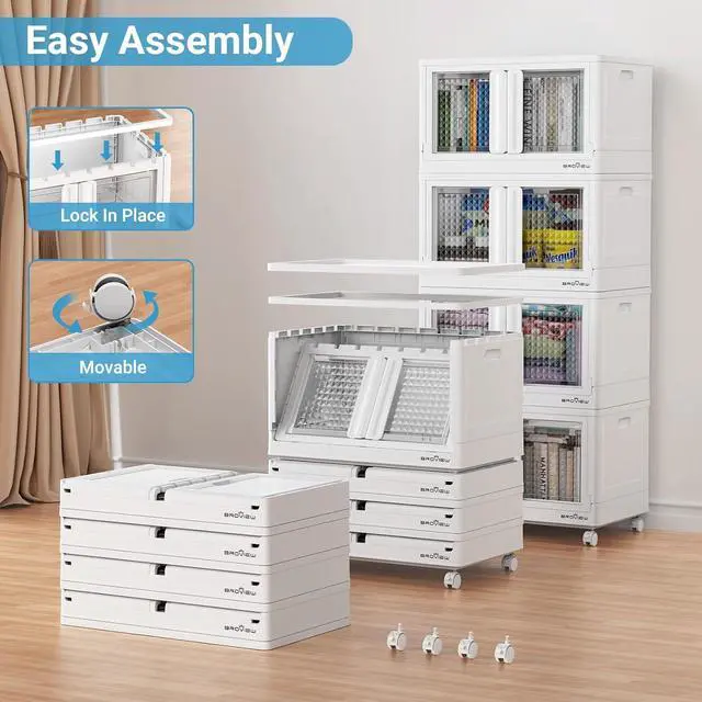 Alt view image 3 of 7 - 300Qt Stackable Storage Bins with Lids, 75Gal Closet Organizers and Storage Drawer, Plastic Collapsible Storage Bins with Doors, Heavy Duty Store Box Cabinet for Home Office, 3Pack White