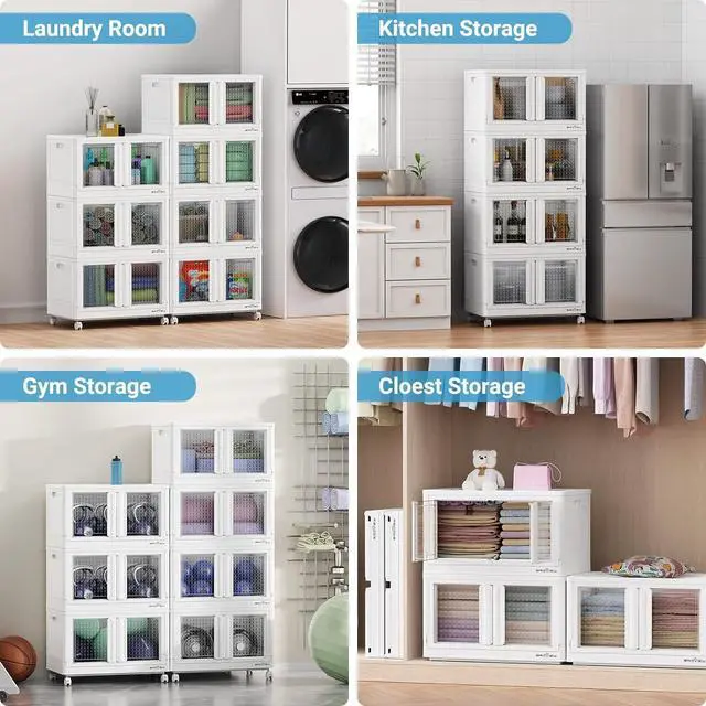 Alt view image 6 of 7 - 300Qt Stackable Storage Bins with Lids, 75Gal Closet Organizers and Storage Drawer, Plastic Collapsible Storage Bins with Doors, Heavy Duty Store Box Cabinet for Home Office, 3Pack White