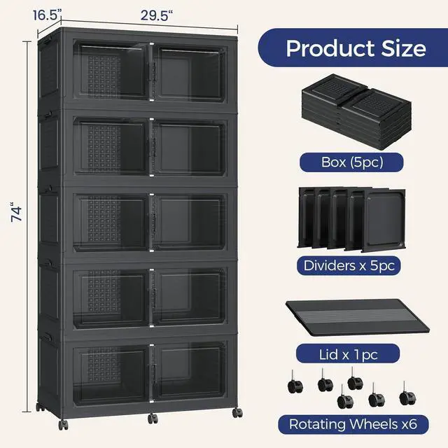 Alt view image 2 of 7 - 200GAL Extra Large Storage Bins with Lid, 800Qt Stackable Closet Organizers and Drawers, Collapsible Storage Bins with Wheels, Folding Storages Cabinet for Home Bedroom Office, 4Pack Black