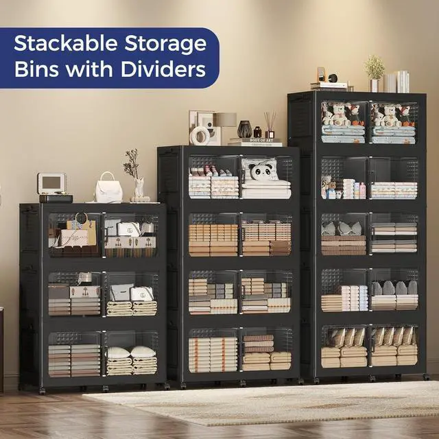 Alt view image 6 of 7 - 200GAL Extra Large Storage Bins with Lid, 800Qt Stackable Closet Organizers and Drawers, Collapsible Storage Bins with Wheels, Folding Storages Cabinet for Home Bedroom Office, 4Pack Black