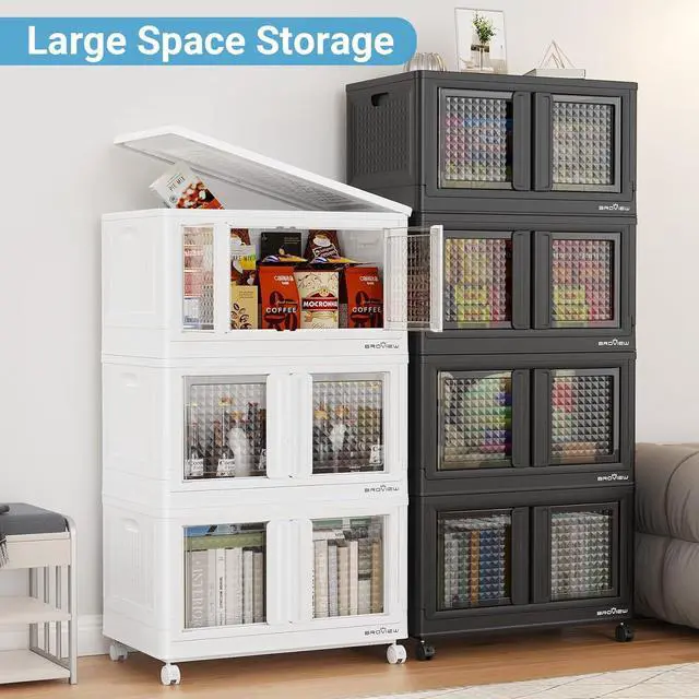 Alt view image 6 of 7 - 300Qt Stackable Storage Bins with Lids, 75Gal Closet Organizers and Storage Drawer, Plastic Collapsible Storage Bins with Doors, Heavy Duty Store Box Cabinet for Home Office, 3Pack Black