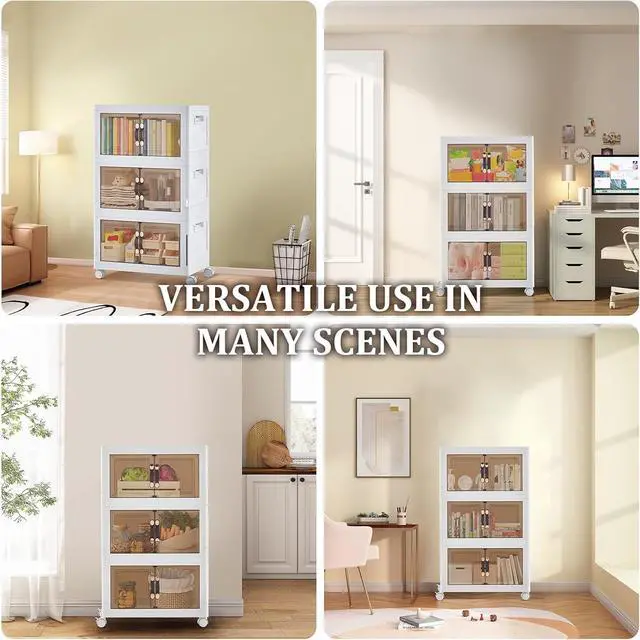 Alt view image 4 of 7 - 3 Tier Plastic Storage Bins with Lid 105QT Stackable Containers with Wheels Closet Organizers Collapsible Bins for Craft, Home, Pantry, Office, Dorm (White)