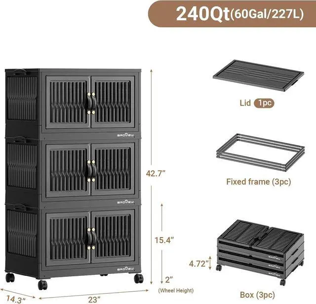 Alt view image 2 of 7 - 240Qt Stackable Storage Bins with Lid, Extra Large Closet Organizer Collapsible Drawer Boxes with Wheels, Folding Plastic Cabinet Containers for Home Kitchen Room Organization, 3Pack Black