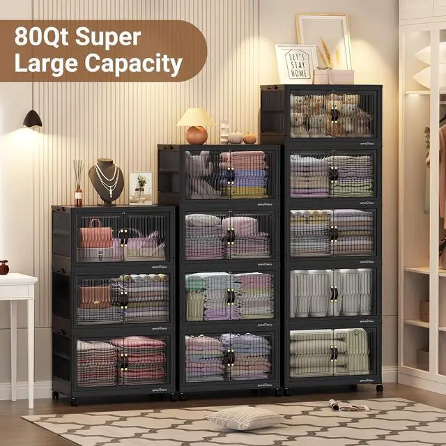 Alt view image 6 of 7 - 240Qt Stackable Storage Bins with Lid, Extra Large Closet Organizer Collapsible Drawer Boxes with Wheels, Folding Plastic Cabinet Containers for Home Kitchen Room Organization, 3Pack Black