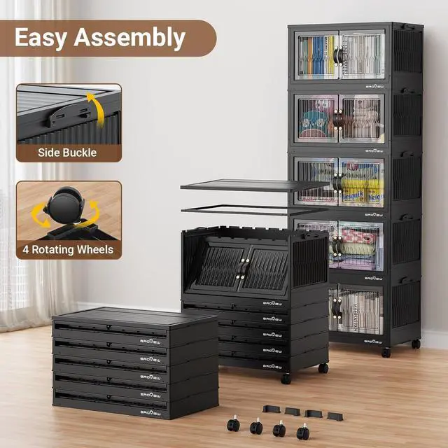 Alt view image 7 of 7 - 240Qt Stackable Storage Bins with Lid, Extra Large Closet Organizer Collapsible Drawer Boxes with Wheels, Folding Plastic Cabinet Containers for Home Kitchen Room Organization, 3Pack Black