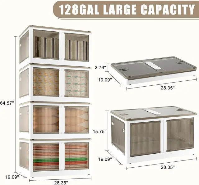 Alt view image 2 of 6 - 128 GAL Large Plastic Stackable Storage Bins with Wheels and Lids - Collapsible Closet Organizer for Bedroom, Kitchen, Office