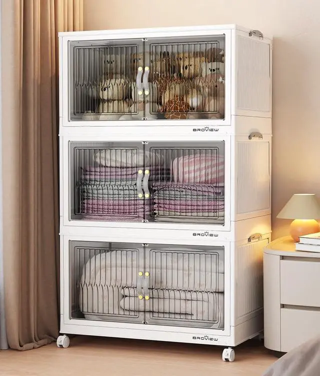 Main image of 240Qt Stackable Storage Bins with Lid, Extra Large Closet Organizer Collapsible Drawer Boxes with Wheels, Folding Plastic Cabinet Containers for Home Kitchen Room Organization, 3Pack White