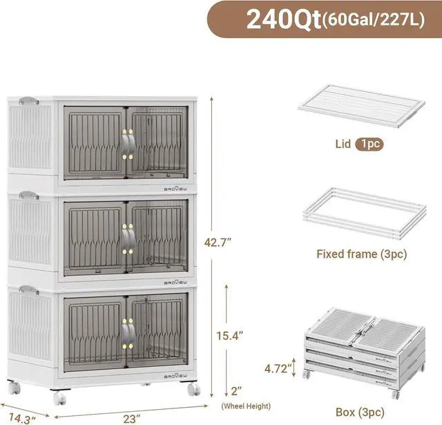 Alt view image 2 of 7 - 240Qt Stackable Storage Bins with Lid, Extra Large Closet Organizer Collapsible Drawer Boxes with Wheels, Folding Plastic Cabinet Containers for Home Kitchen Room Organization, 3Pack White